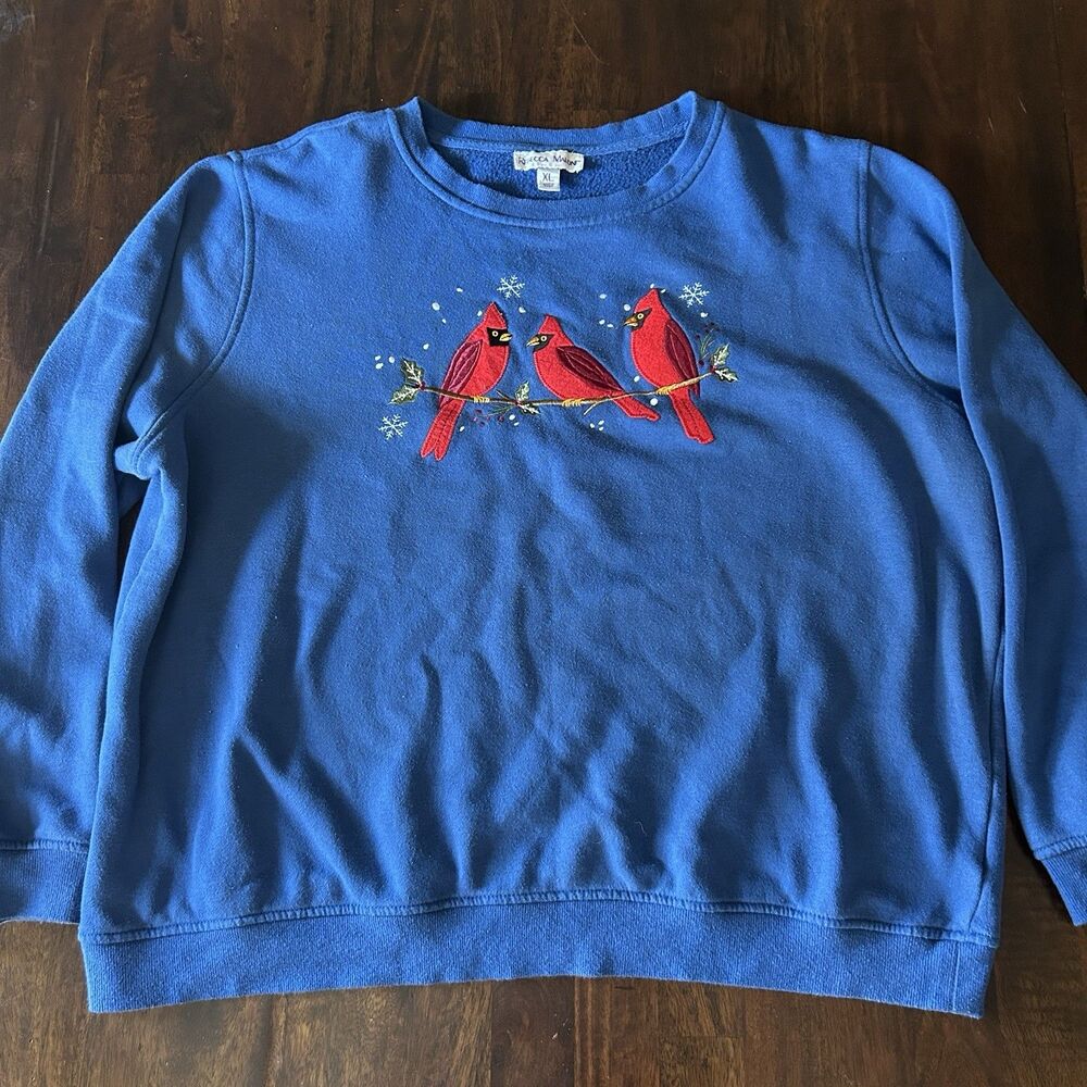 VTG Rebecca Malone Christmas Cardinal Sweatshirt Blue Winter Bird Embroidered XL